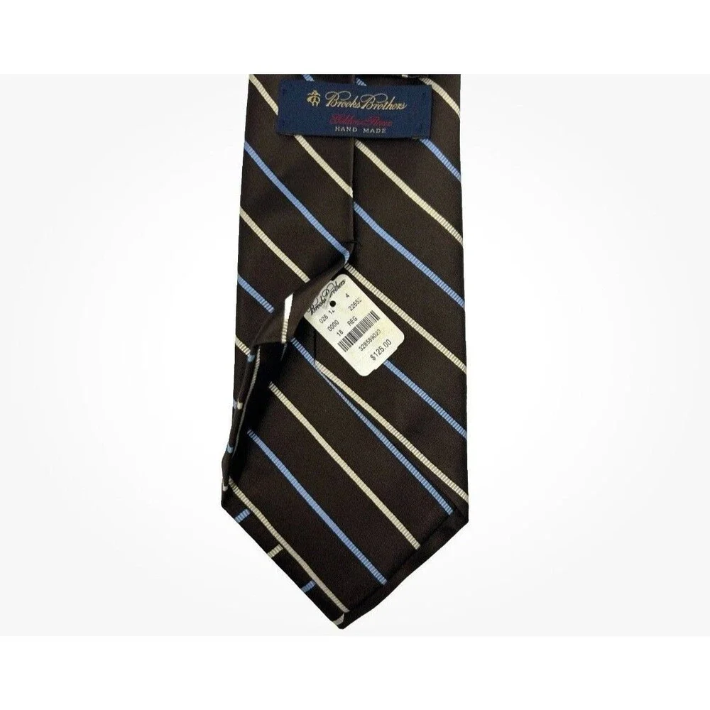 Brooks Brothers Golden Fleece Tie Brown Blue Cream Stripe Silk 59” x 4" - Picture 5 of 6